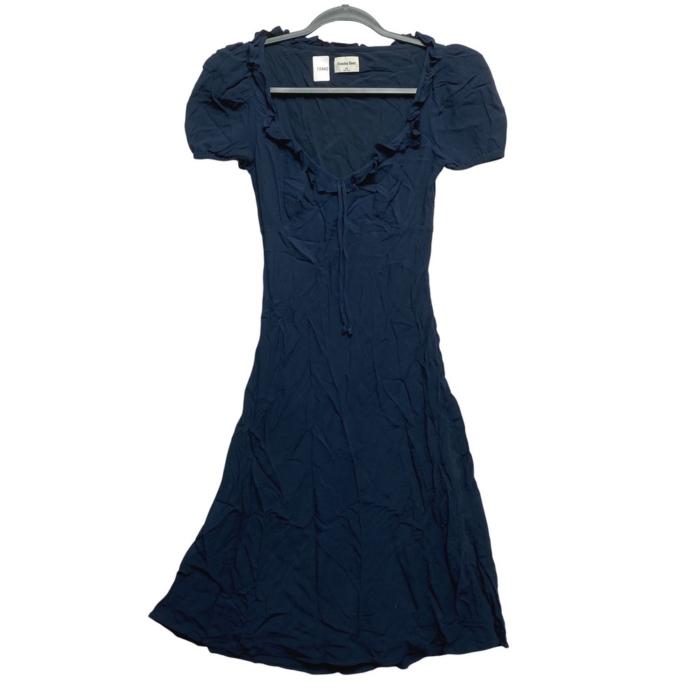 Sunday Best Dress Womens XS Navy Blue Ruffle Short Puff Sleeve Detail Aritzia